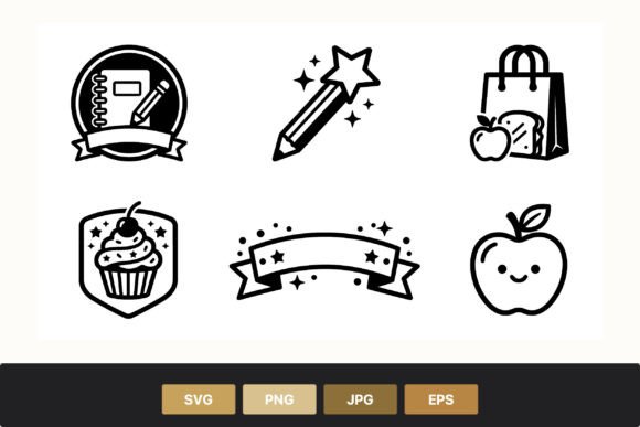 Cute Black and White School and Food Icons