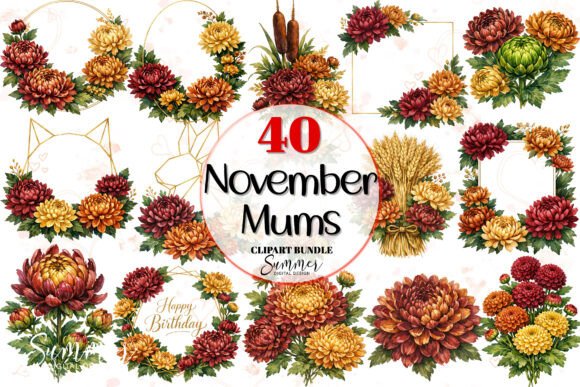 November Mums Floral and Frames Clipart: Elevating Autumn Design